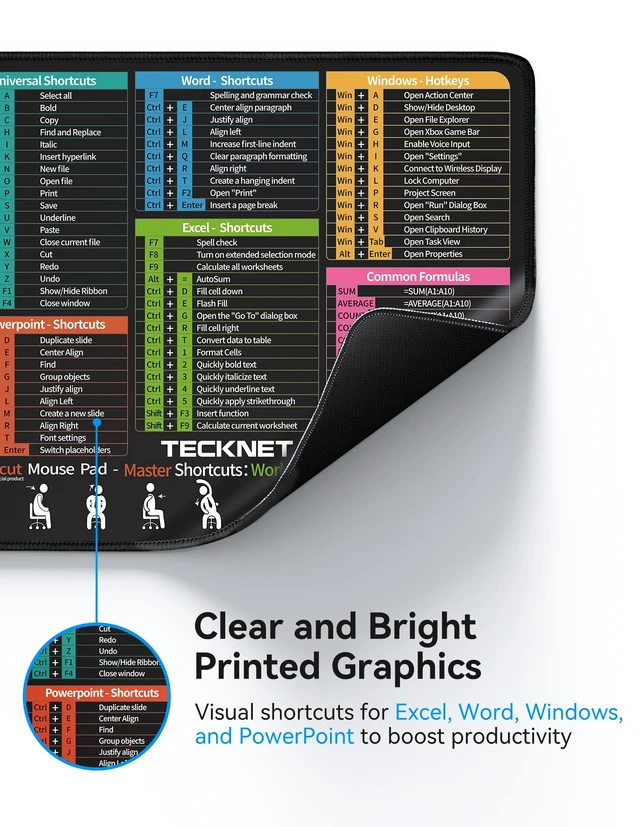 Alt view image 4 of 7 - Mouse Pad for Excel Word PowerPoint Windows Shortcuts | Excel Cheat Sheet Desk Pad-11.6x9.8 Inch, Non-Slip Waterproof Office Desk Mat, Portable, Durable, Clear Printing, Black
