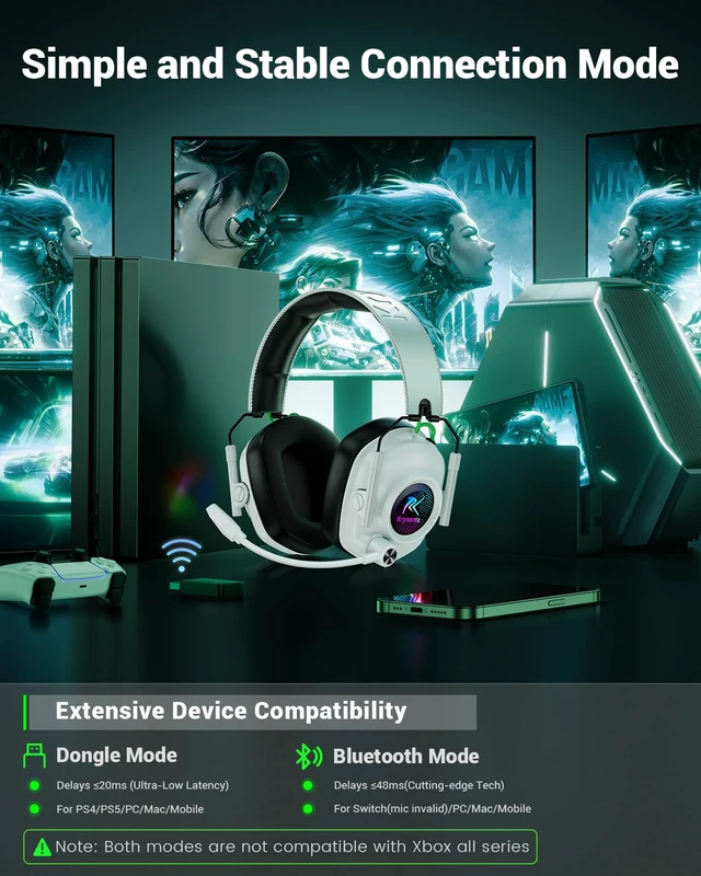 Alt view image 7 of 7 - Wireless Gaming Headset with Mic for PS5, PS4, PC, Mac, 20ms Low Latency | 2.4GHz Wireless & Bluetooth 5.4, Noise-Canceling Mic, 50mm Drivers, RGB Lighting, Up to 60H Battery Life, Foldable