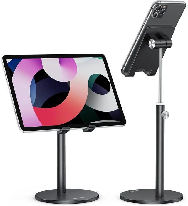 Main image of CA04 Aluminum Tablet Phone Stand, Adjustable Desk Stand Black | Aluminum Alloy · Fits Phone & Tablets 4-11" · Sturdy Build for Gaming, Meeting · Height & Angle Adjustable