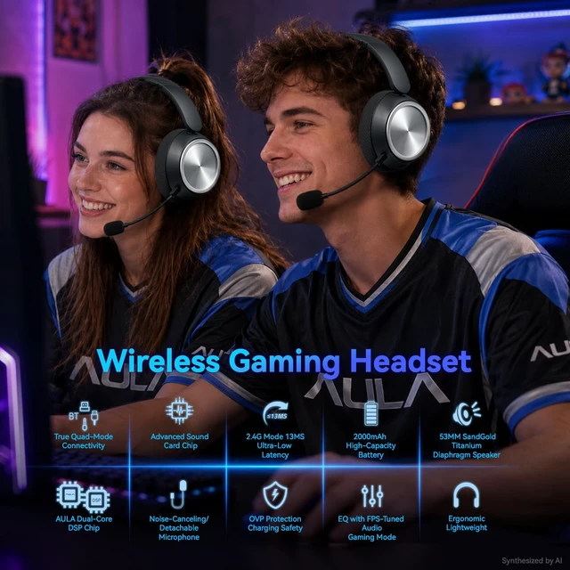 Alt view image 3 of 7 - Wireless Gaming Headset with Mic Over Ear Headphones Noise Cancelling | 13Ms Latency,110H Battery,4-in-1 Connection,Foldable,Black Bluetooth Headset Headphones for PS5,Xbox,PC,PS4,Mac,Switch,Mobile