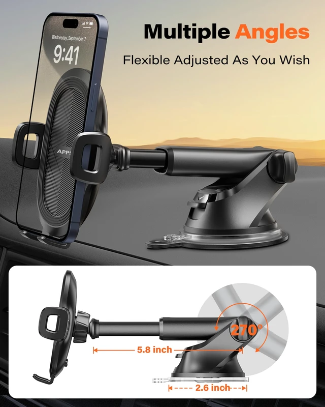 Alt view image 4 of 7 - Car Phone Holder Military-Grade Suction Cup Dashboard Windshield | 360° Rotation Phone Holders for Your Car, Telescopic Arm Extends to 5.8", Quick Release Adjustable Phone Mount for Car Truck