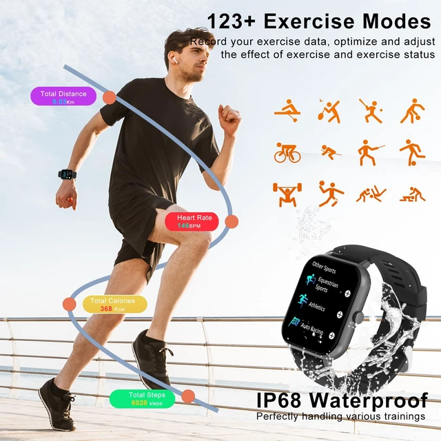 Alt view image 4 of 6 - Smart Watch for Men Women Compatible with iOS Android Phone, 1.83" Full Touchscreen IP68 Waterproof Smartwatch,Fitness Tracker with Make/Recive Call 123+ Sport Modes Heart Rate/Sleep Monitor