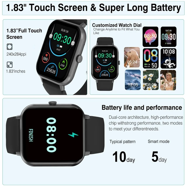 Alt view image 6 of 6 - Smart Watch for Men Women Compatible with iOS Android Phone, 1.83" Full Touchscreen IP68 Waterproof Smartwatch,Fitness Tracker with Make/Recive Call 123+ Sport Modes Heart Rate/Sleep Monitor