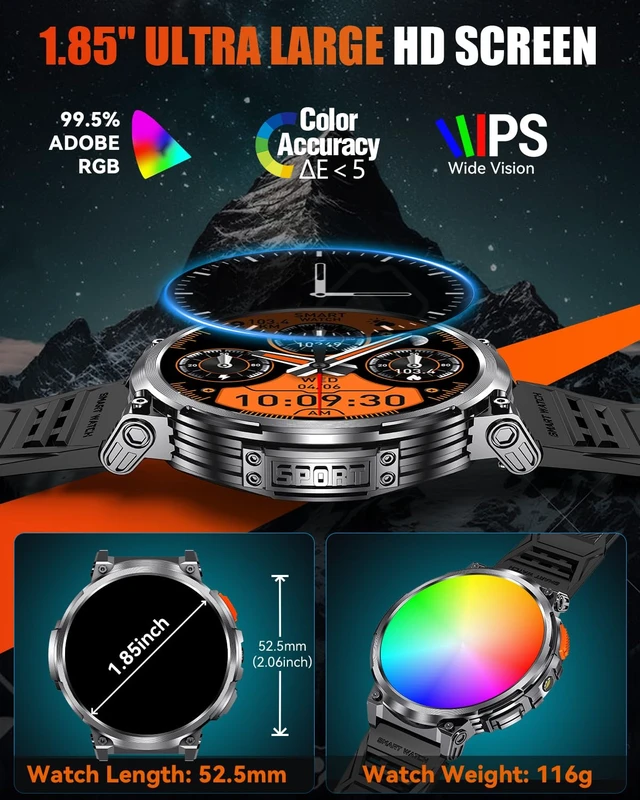 Alt view image 2 of 7 - 1.85" Big Screen Military Smart Watch for Men with Flashlight, 930mAh Large Battery, IP68 Waterproof, Bluetooth Calling, 114 Sports Modes, Heart Rate/Sleep Monitor for iPhone & Android