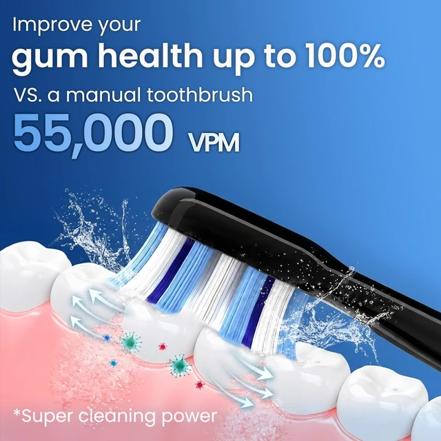 Alt view image 2 of 7 - Electric Toothbrush for Adults, 180-Day Battery, Black | 55000 VPM Sonic Toothbrush for Deep Cleaning, 5 Modes with Smart Timer, 4 Brush Heads