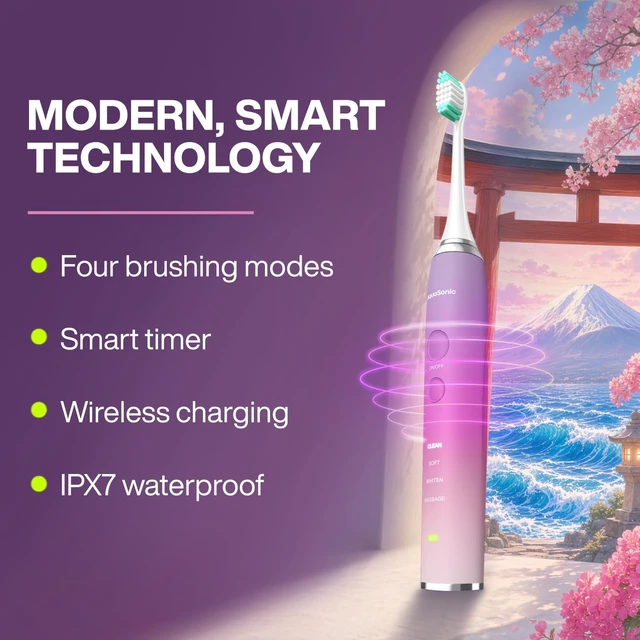 Alt view image 2 of 6 - Vibe World Whitening Electric Toothbrush - Tokyo Cherry Blossom | ADA Accepted Electric Toothbrush - 8 Brush Heads & Travel Case 40,000 VPM Motor & Wireless Charging - 4 Modes w Smart Timer
