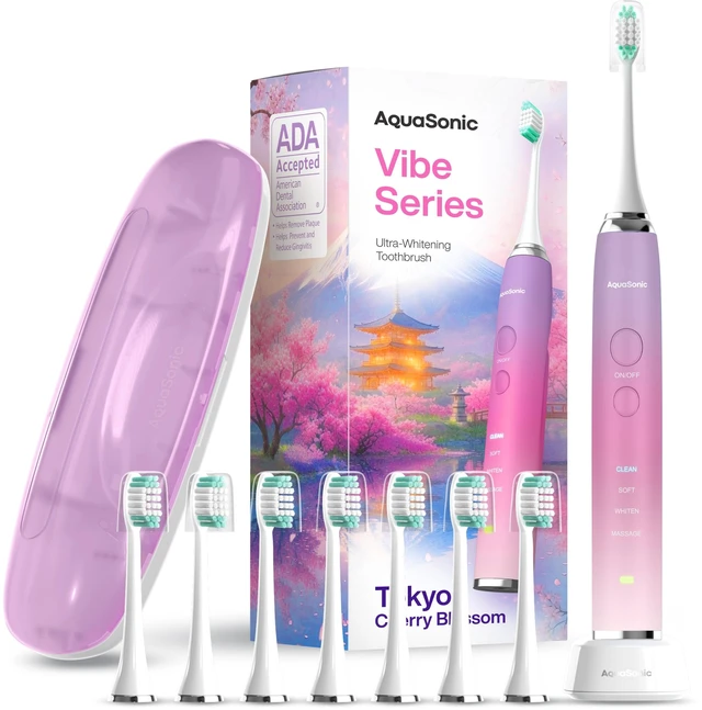 Main image of Vibe World Whitening Electric Toothbrush - Tokyo Cherry Blossom | ADA Accepted Electric Toothbrush - 8 Brush Heads & Travel Case 40,000 VPM Motor & Wireless Charging - 4 Modes w Smart Timer