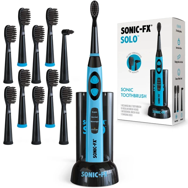 Main image of Solo Electric Toothbrush w/ 10 Brush Heads + 1 Interdental, Charcoal Bristles, Rechargeable, Charging/Storage Base, 3 Brush Modes, Smart Timer, 2 Months Use on Full Charge, Blue Color