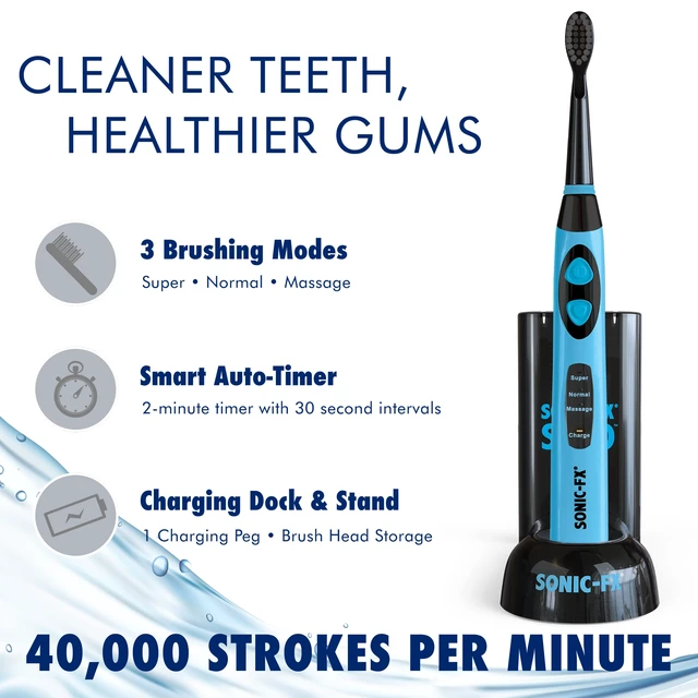 Alt view image 3 of 7 - Solo Electric Toothbrush w/ 10 Brush Heads + 1 Interdental, Charcoal Bristles, Rechargeable, Charging/Storage Base, 3 Brush Modes, Smart Timer, 2 Months Use on Full Charge, Blue Color