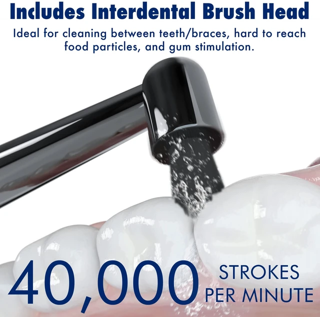 Alt view image 7 of 7 - Solo Electric Toothbrush w/ 10 Brush Heads + 1 Interdental, Charcoal Bristles, Rechargeable, Charging/Storage Base, 3 Brush Modes, Smart Timer, 2 Months Use on Full Charge, Blue Color