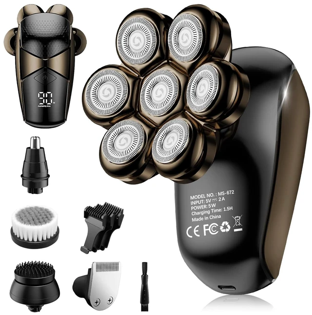 Main image of Head Shavers for Bald Men: 5-in-1 IPX7 Waterproof Grooming Kit - 7D Floating Electric Razor with Magnetic Removable Head - Wet/Dry LED Display - Type-C Fast Charging, Black