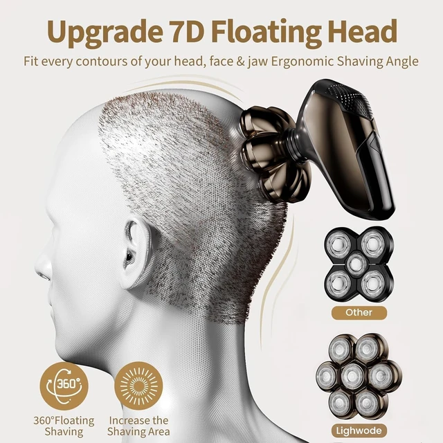 Alt view image 5 of 7 - Head Shavers for Bald Men: 5-in-1 IPX7 Waterproof Grooming Kit - 7D Floating Electric Razor with Magnetic Removable Head - Wet/Dry LED Display - Type-C Fast Charging, Black