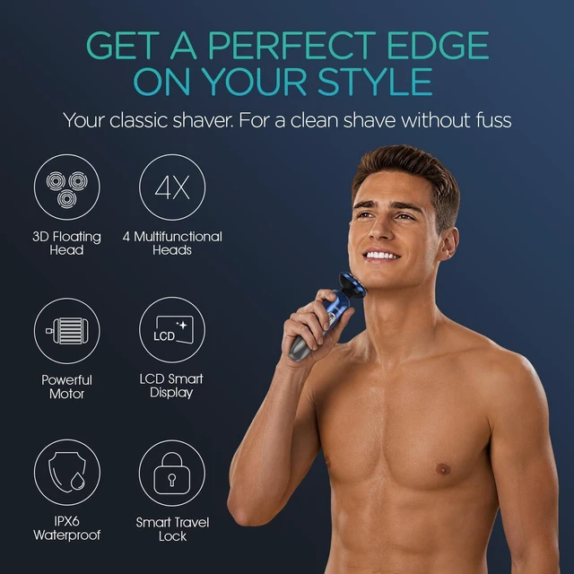 Alt view image 2 of 7 - Electric Razor for Men Wet & Dry, 3D Rotary Electric Shavers for Men | 4 Multifunctional Heads, Cordless Shaving, Fully Waterproof, LCD, Anti-slip Grip, Long Lasting, Travel Lock, Gifts TX410 Blue