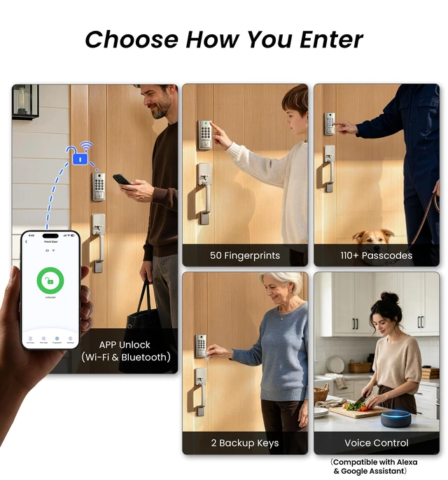 Alt view image 2 of 7 - DK012W WiFi Smart Fingerprint Deadbolt Front Door Lock, Satin Nickel | Built in Wi-Fi, Remote APP Control, Alexa Compatible, Auto Lock, IP65 Waterproof, Keyless Entry, Electronic Backlit Keypad