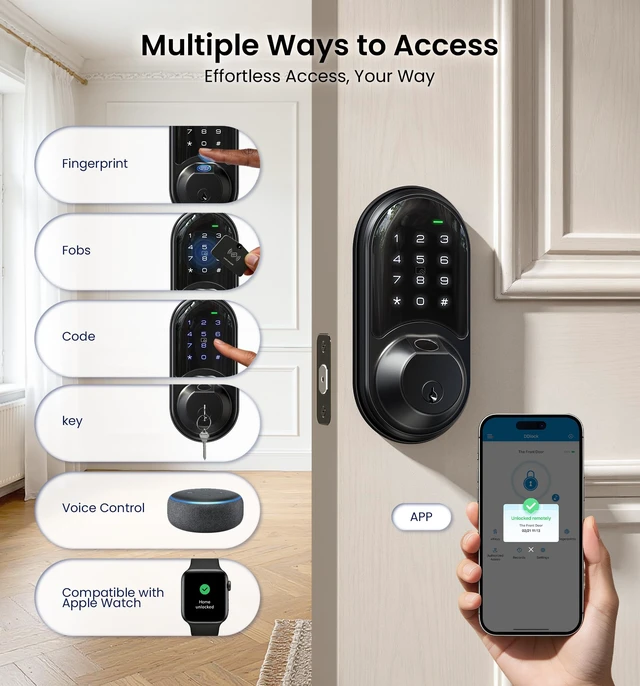 Alt view image 2 of 7 - RZ07 Fingerprint Smart Door Lock Deadbolt, App Control, Matte Black | Remote Access Sharing, Fob Unlock, Keyless Entry for Front Door, Auto Lock, User Management, Easy Install, Low Battery Alarm