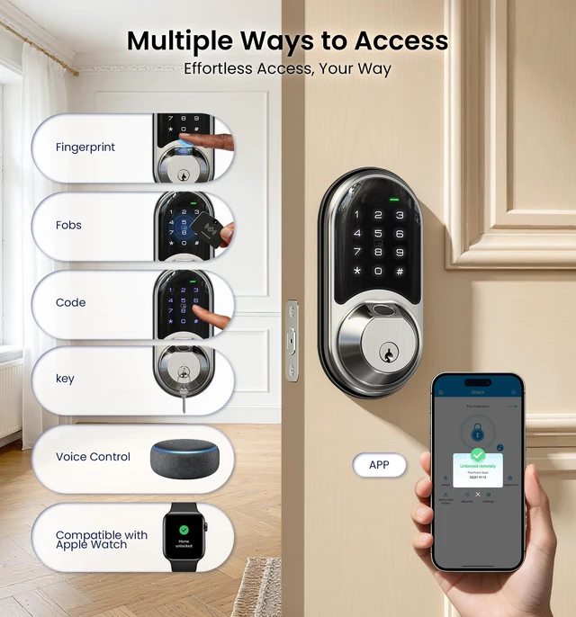 Alt view image 2 of 7 - RZ07 Fingerprint Smart Door Lock Deadbolt, App Control, Satin Nickel | Remote Access Sharing, Fob Unlock, Keyless Entry for Front Door, Auto Lock, User Management, Easy Install, Low Battery Alarm