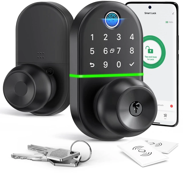 Main image of Keypad Smart Door Lock with Knob, 7 in 1 Keyless Entry with Fingerprint | Easy Installation, Fingerprint Unlock, App Control, Remote & Voice Control, Auto-Lock, Black