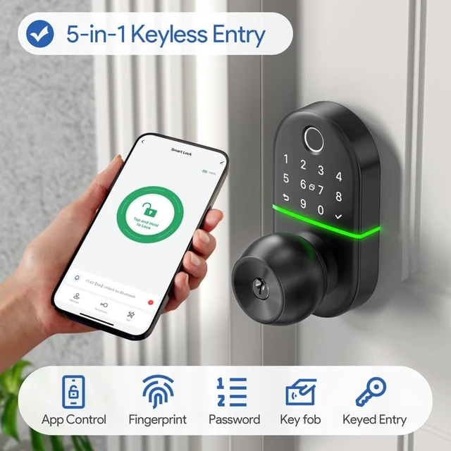 Alt view image 2 of 7 - Keypad Smart Door Lock with Knob, 7 in 1 Keyless Entry with Fingerprint | Easy Installation, Fingerprint Unlock, App Control, Remote & Voice Control, Auto-Lock, Black