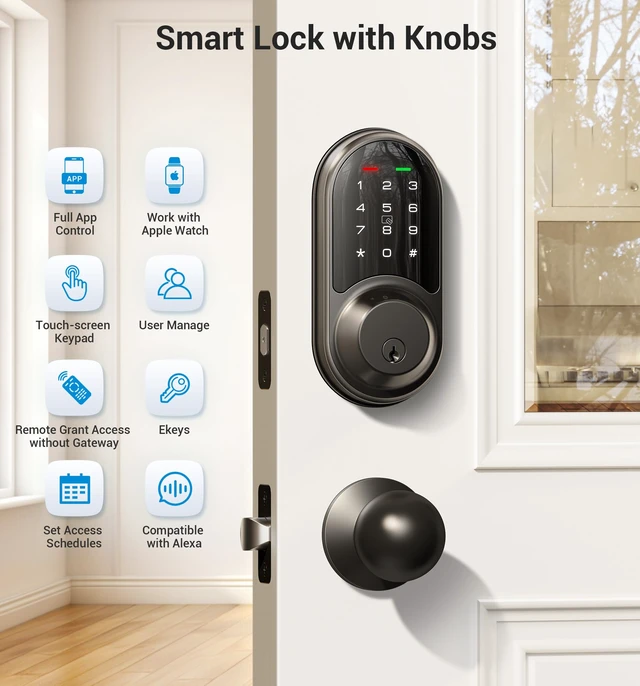Alt view image 3 of 6 - RZ06C Smart Lock Electronic Deadbolt 2 Knobs Handle Set, Matte Black | App Control, Touchscreen, 2 Fobs, Auto Lock, Remotely Share eKey, Manage User and Web Portal, IP54 Waterproof, Front Door