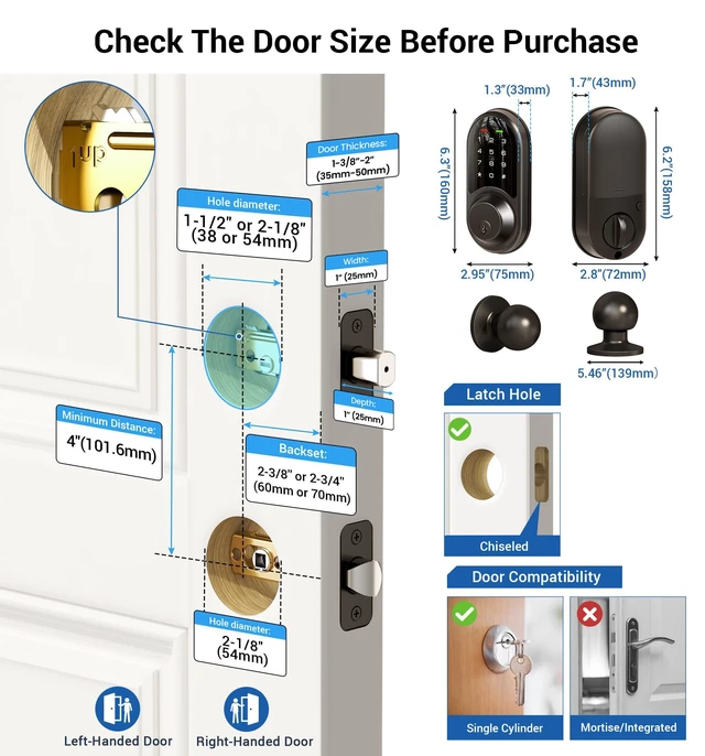 Alt view image 6 of 6 - RZ06C Smart Lock Electronic Deadbolt 2 Knobs Handle Set, Matte Black | App Control, Touchscreen, 2 Fobs, Auto Lock, Remotely Share eKey, Manage User and Web Portal, IP54 Waterproof, Front Door