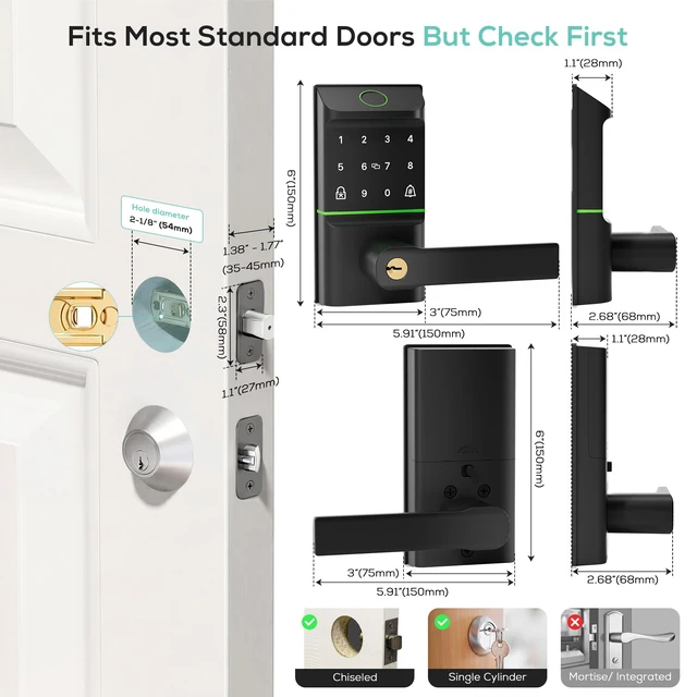 Alt view image 2 of 7 - Smart Door Lock Keyless Entry, 6-in-1 Biometric Deadbolt w/Fingerprint, Keypad, IC Card, APP, Key, Type-C Charging, IP65 Waterproof, Bluetooth, Doorbell & Auto-Lock for Front Door Home Security