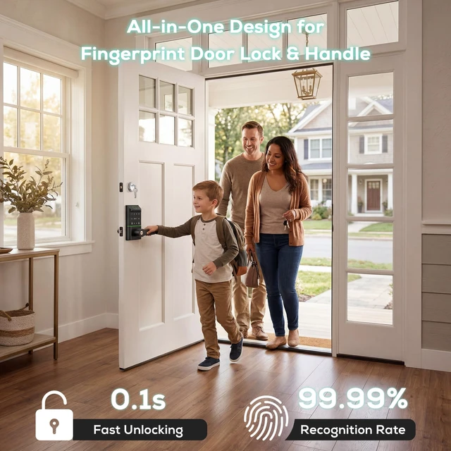 Alt view image 3 of 7 - Smart Door Lock Keyless Entry, 6-in-1 Biometric Deadbolt w/Fingerprint, Keypad, IC Card, APP, Key, Type-C Charging, IP65 Waterproof, Bluetooth, Doorbell & Auto-Lock for Front Door Home Security