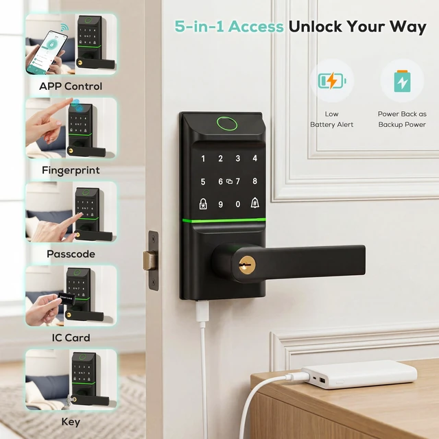 Alt view image 4 of 7 - Smart Door Lock Keyless Entry, 6-in-1 Biometric Deadbolt w/Fingerprint, Keypad, IC Card, APP, Key, Type-C Charging, IP65 Waterproof, Bluetooth, Doorbell & Auto-Lock for Front Door Home Security