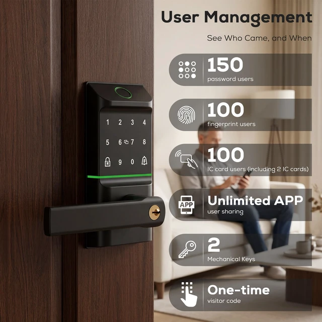 Alt view image 5 of 7 - Smart Door Lock Keyless Entry, 6-in-1 Biometric Deadbolt w/Fingerprint, Keypad, IC Card, APP, Key, Type-C Charging, IP65 Waterproof, Bluetooth, Doorbell & Auto-Lock for Front Door Home Security
