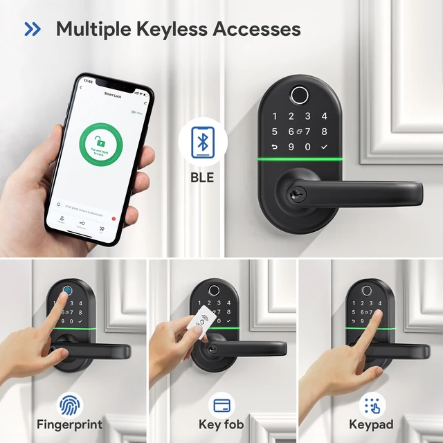 Alt view image 2 of 6 - Smart Keypad Door Lock with Handle for Front Door, 7 in1 Keyless Entry | Easy Installation, Fingerprint Unlock, App Control, Remote & Voice Control, Auto-Lock, Black