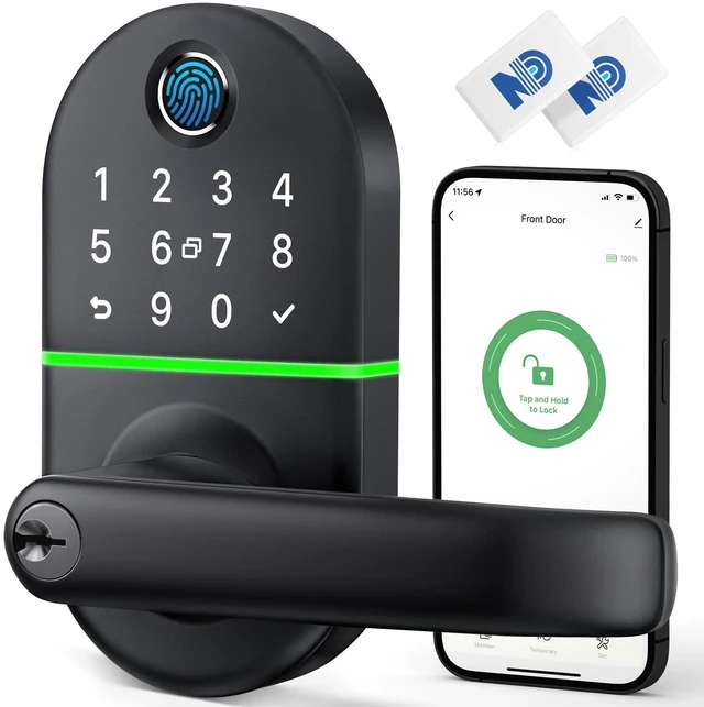 Main image of Smart Keypad Door Lock with Handle for Front Door, 7 in1 Keyless Entry | Easy Installation, Fingerprint Unlock, App Control, Remote & Voice Control, Auto-Lock, Black