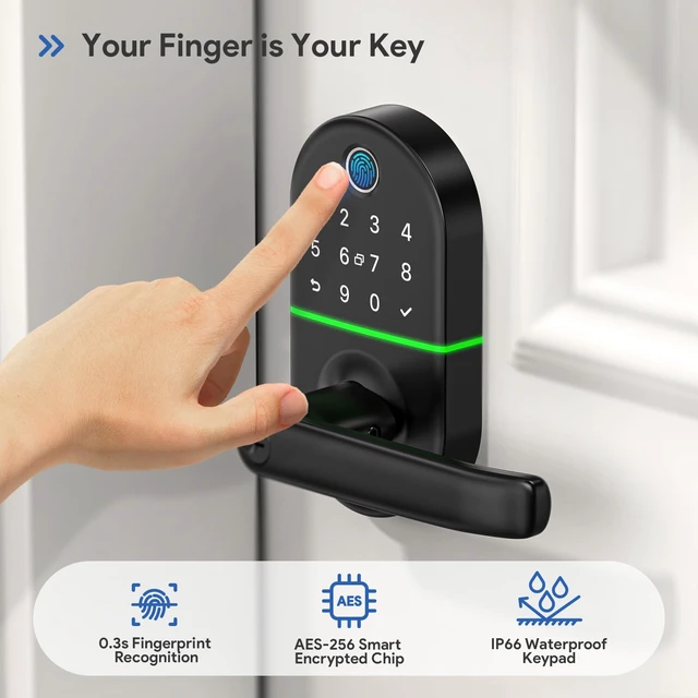 Alt view image 5 of 6 - Smart Keypad Door Lock with Handle for Front Door, 7 in1 Keyless Entry | Easy Installation, Fingerprint Unlock, App Control, Remote & Voice Control, Auto-Lock, Black