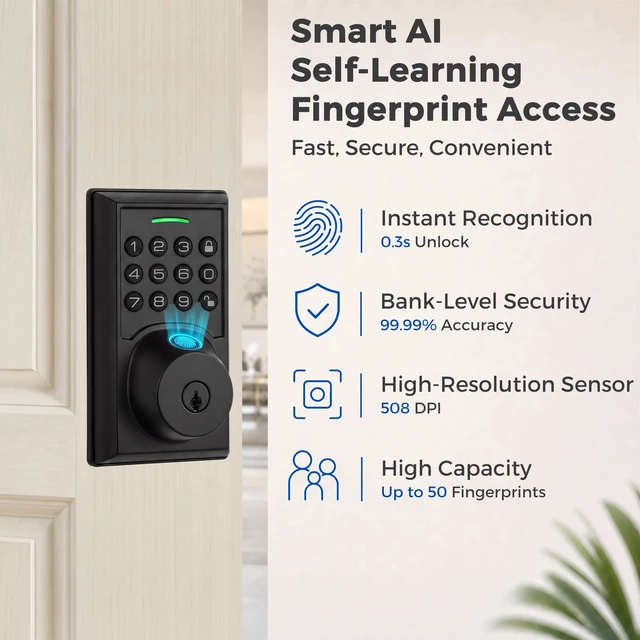Alt view image 3 of 7 - Fingerprint Smart Deadbolt with Keypad, Keyless Entry Door Lock | Fast Fingerprint Access, Silicone Keypad, Bluetooth App Control, Auto-lock, Low-battery Alerts, Easy Installation