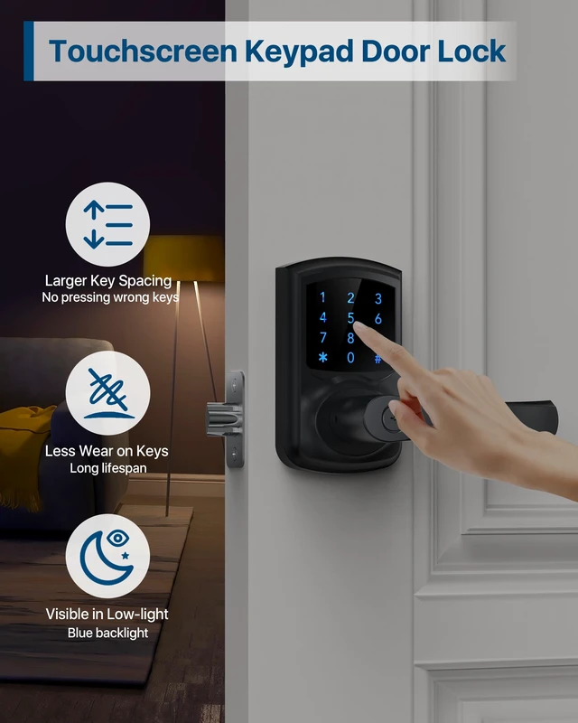 Alt view image 6 of 7 - Keyless Entry Door Lock, Smart Locks for Front Door, Keypad Door Knob with Handle, Touchscreen, One-Touch Toggle for Passage Mode, Matte Black