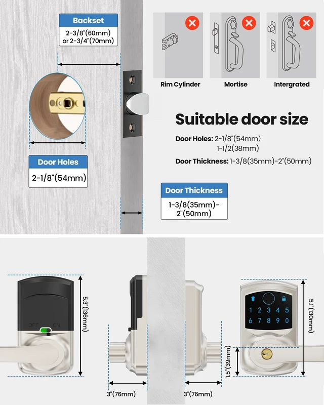 Alt view image 3 of 7 - Fingerprint Smart Keyless Keypad Door Lock with Handle Biometrics Deadbolts 20 User Codes 50 Fingerprints Vacation & Passage Mode One-Time Code 2 Keys Auto-lock 2-99s Anti-peep Fits U.S. Standard Door