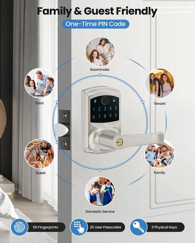 Alt view image 4 of 7 - Fingerprint Smart Keyless Keypad Door Lock with Handle Biometrics Deadbolts 20 User Codes 50 Fingerprints Vacation & Passage Mode One-Time Code 2 Keys Auto-lock 2-99s Anti-peep Fits U.S. Standard Door