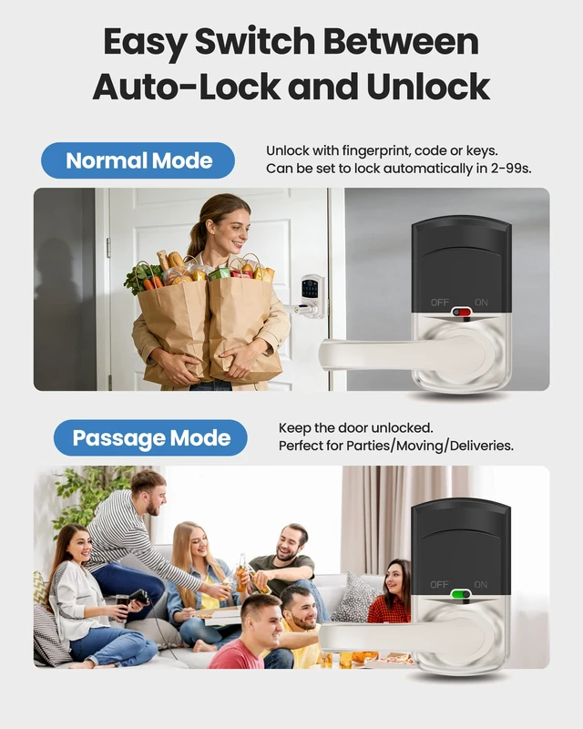 Alt view image 5 of 7 - Fingerprint Smart Keyless Keypad Door Lock with Handle Biometrics Deadbolts 20 User Codes 50 Fingerprints Vacation & Passage Mode One-Time Code 2 Keys Auto-lock 2-99s Anti-peep Fits U.S. Standard Door