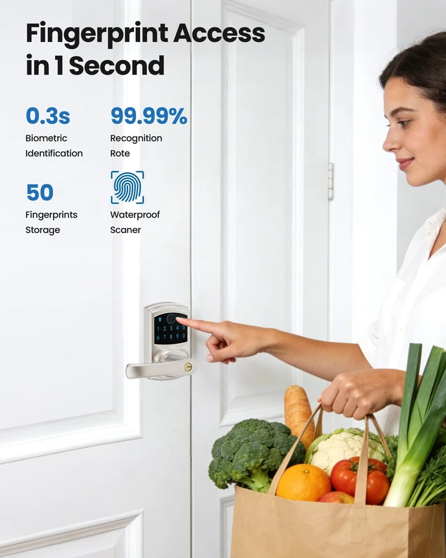 Alt view image 6 of 7 - Fingerprint Smart Keyless Keypad Door Lock with Handle Biometrics Deadbolts 20 User Codes 50 Fingerprints Vacation & Passage Mode One-Time Code 2 Keys Auto-lock 2-99s Anti-peep Fits U.S. Standard Door