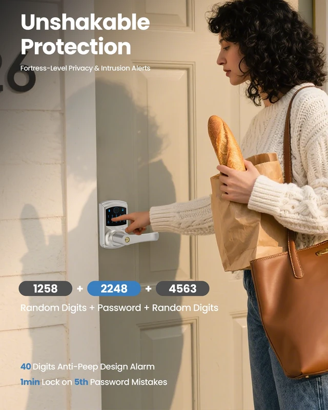 Alt view image 7 of 7 - Fingerprint Smart Keyless Keypad Door Lock with Handle Biometrics Deadbolts 20 User Codes 50 Fingerprints Vacation & Passage Mode One-Time Code 2 Keys Auto-lock 2-99s Anti-peep Fits U.S. Standard Door