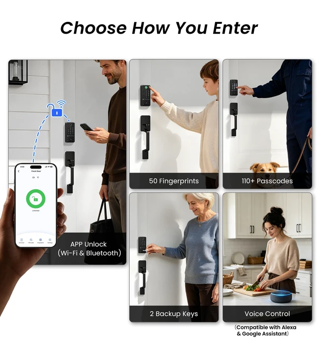 Alt view image 2 of 7 - DK012W WiFi Smart Fingerprint Deadbolt Front Door Lock, Matte Black | Built in Wi-Fi, Remote APP Control, Alexa Compatible, Auto Lock, IP65 Waterproof, Keyless Entry, Electronic Backlit Keypad