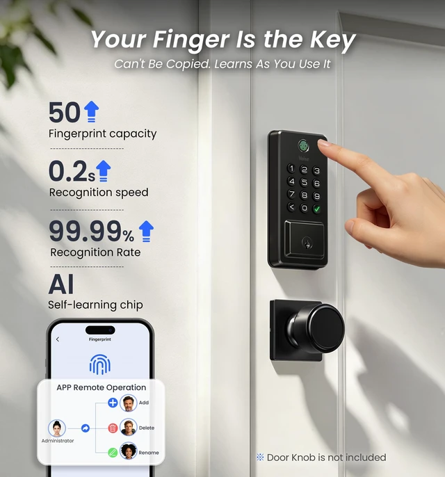Alt view image 5 of 7 - DK012W WiFi Smart Fingerprint Deadbolt Front Door Lock, Matte Black | Built in Wi-Fi, Remote APP Control, Alexa Compatible, Auto Lock, IP65 Waterproof, Keyless Entry, Electronic Backlit Keypad