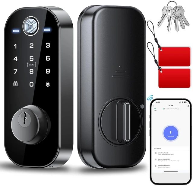 Main image of DL08 Fingerprint Smart Deadbolt with App Control, Mate Black | 5in1 Smart Deadbolt with Remote Control, AutoLock, Touchscreen Keypad, 5 Keys & 2 Fobs, USBC Port, ANSI Grade 3 Security