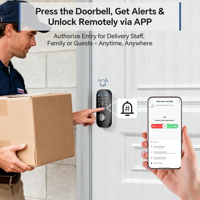 Alt view image 2 of 7 - DL08 Fingerprint Smart Deadbolt with App Control, Mate Black | 5in1 Smart Deadbolt with Remote Control, AutoLock, Touchscreen Keypad, 5 Keys & 2 Fobs, USBC Port, ANSI Grade 3 Security