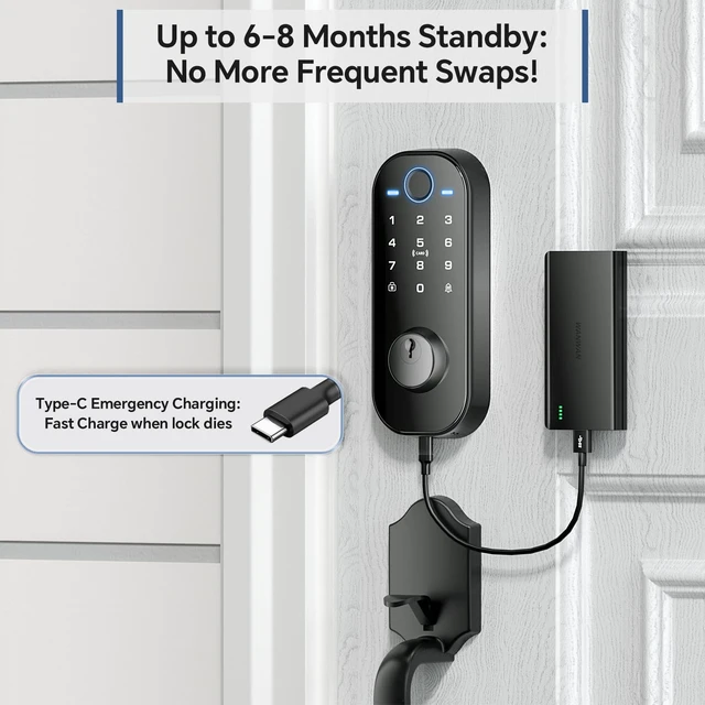 Alt view image 7 of 7 - DL08 Fingerprint Smart Deadbolt with App Control, Mate Black | 5in1 Smart Deadbolt with Remote Control, AutoLock, Touchscreen Keypad, 5 Keys & 2 Fobs, USBC Port, ANSI Grade 3 Security