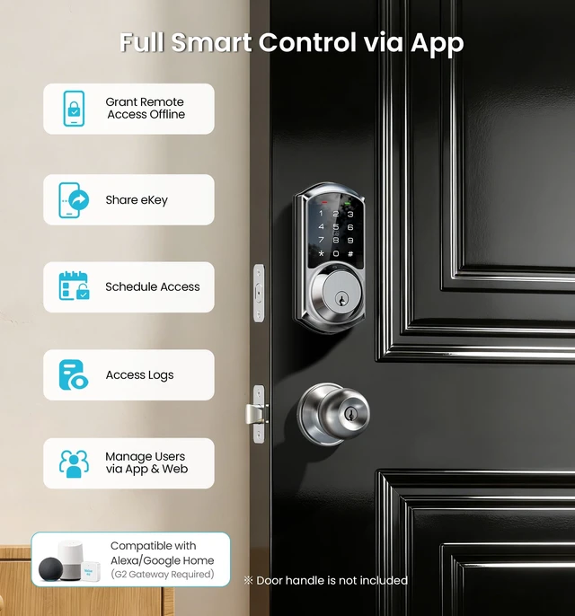 Alt view image 3 of 7 - VE06 Smart Lock for Front Door, App Control, Satin Nickel | 5 in 1 Unlock Keyless Entry , Electronic Digital Door Lock with Code, Auto-Lock, Manage User, BHMA Certified, Easy Install