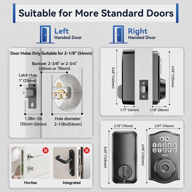 Alt view image 5 of 7 - Y58 Keyless Entry Fingerprint Door Lock for Front Door, Matte Black | 5-in-1 Keypad Deadbolt with App Control, Auto Lock, Anti-Peep & One Time Code, 15-Min DIY Install, ANSI Grade 3 Security