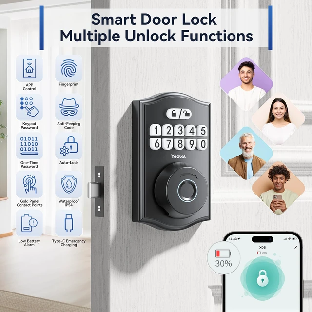 Alt view image 6 of 7 - Y58 Keyless Entry Fingerprint Door Lock for Front Door, Matte Black | 5-in-1 Keypad Deadbolt with App Control, Auto Lock, Anti-Peep & One Time Code, 15-Min DIY Install, ANSI Grade 3 Security