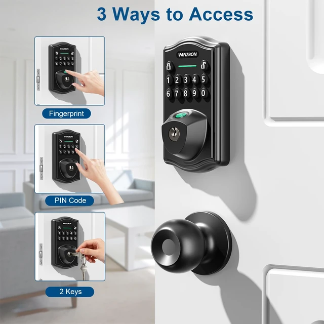 Alt view image 2 of 7 - Fingerprint Door Lock for Front Door,Keyless Entry Doorknob with Keypad | Solid Material,No Data Collected Smart Deadbolt,AutoLock,One-Time Passcode,Private Mode,Easy Assembly,Black