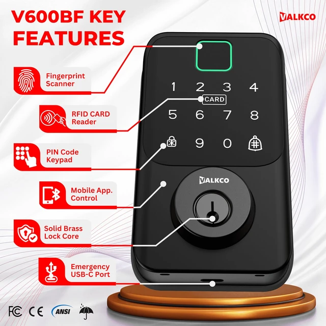 Alt view image 2 of 7 - Smart Deadbolt V600BF Smart Door Lock for Front Door, Keyless Entry Door Lock with Fingerprint, Touch Keypad, RFID Card and Mobile App Control, Auto Lock, DIY Easy Install, IP65 Weatherproof.