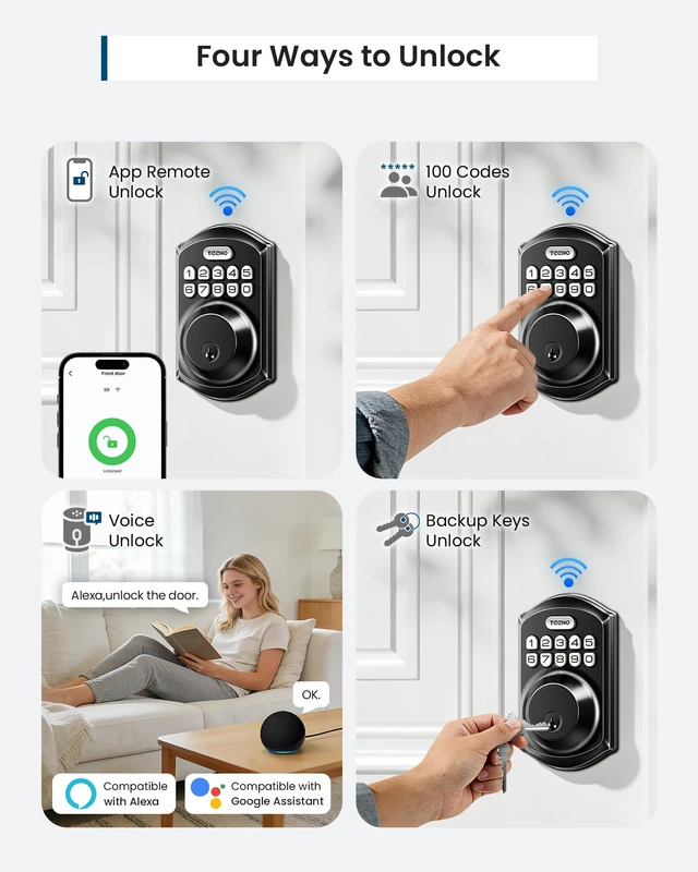 Alt view image 3 of 7 - WiFi Keypad Deadbolt, Smart Locks for Front Door, Matte Black | APP Remote Control, Voice Unlock, Share Access Code, 100 User Codes, Auto Lock, Real-Time Alert, Compatible with Alexa Google