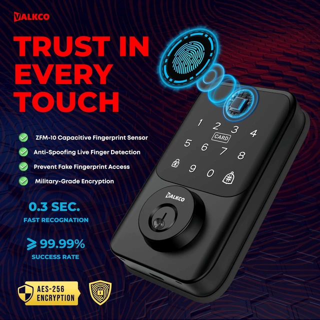 Alt view image 4 of 7 - Smart Deadbolt V600BF Smart Door Lock for Front Door, Keyless Entry Door Lock with Fingerprint, Touch Keypad, RFID Card and Mobile App Control, Auto Lock, DIY Easy Install, IP65 Weatherproof.